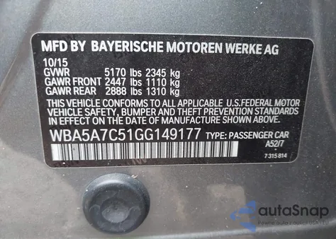 2016 BMW 528I xDrive из США, поврежденный, VIN WBA5A7C51GG149177